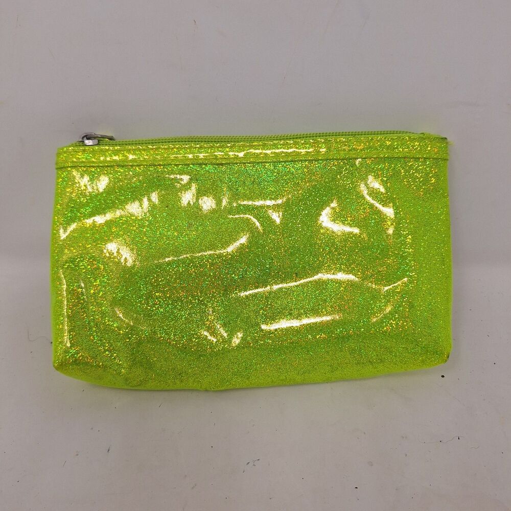 Green Neon Sparkly Holographic Cosmetic Pouch Travel Makeup Bag Zippered Closure